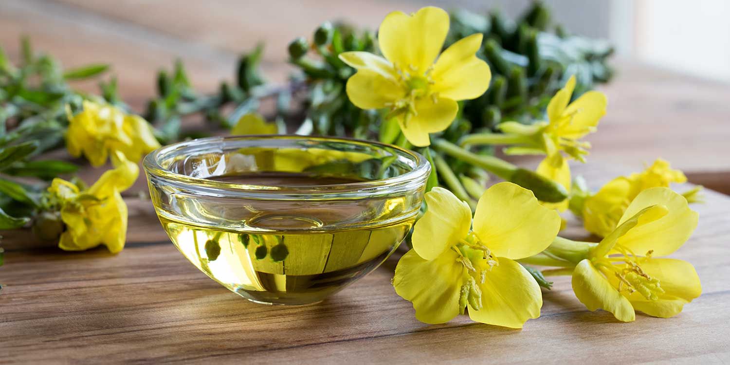 A bowl of evening primrose oil next to evening primrose flowers