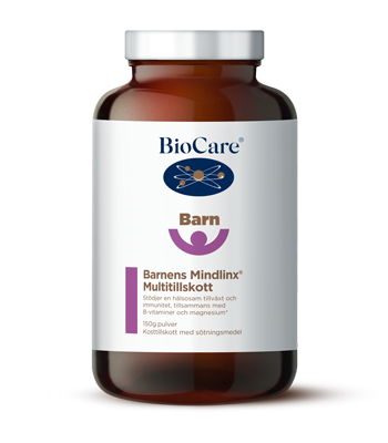 Förpackning med BioCare Barnens Mindlinx® Multitillskott 150 g