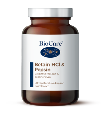 Burk med BioCare Betain HCL & Pepsin 90 kapslar