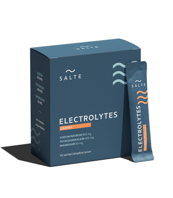 Förpackning med Salte Elektrolyter med apelsinsmak, låda med dospåsar Förpackning med Salte Elektrolyter med apelsinsmak, låda med dospåsar