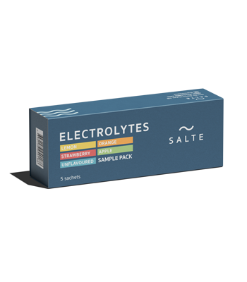 Salte Electrolytes sample pack with five single-serve sachets in different flavors Salte Electrolytes sample pack with five single-serve sachets in different flavors