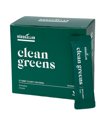Förpackning med Clean Greens med en dospåse bredvid Förpackning med Clean Greens med en dospåse bredvid