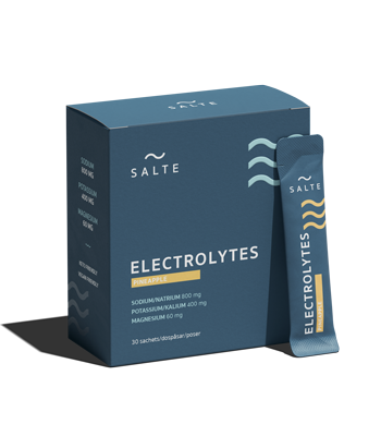 SALTE Electrolytes pineapple, box with single serving sachet beside it SALTE Electrolytes pineapple, box with single serving sachet beside it