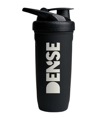 Black DENSE shaker bottle with lid and bold white logo Black DENSE shaker bottle with lid and bold white logo