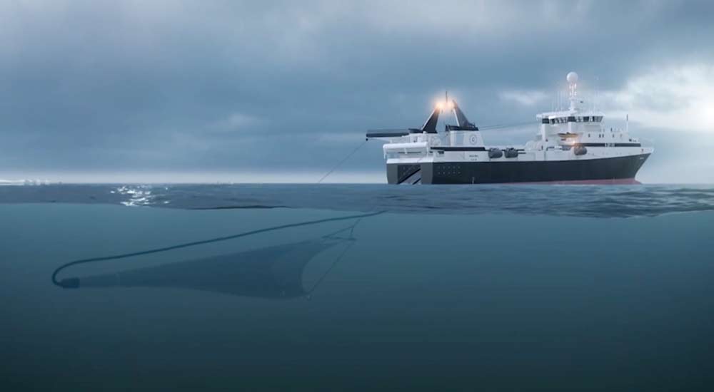 Modern fishing vessel with deployed trawl net in the Southern Ocean, representing sustainable krill harvesting near Antarctica.