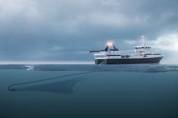 Modern fishing vessel with deployed trawl net in the Southern Ocean, representing sustainable krill harvesting near Antarctica.