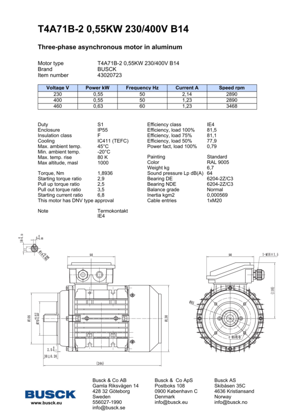 T4A71B-2 0,55KW 230/400V B14