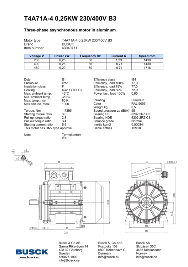T4A71A-4 0,25KW 230/400V B3