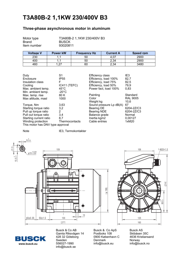 T3A80B-2 1,1KW 230/400V B3