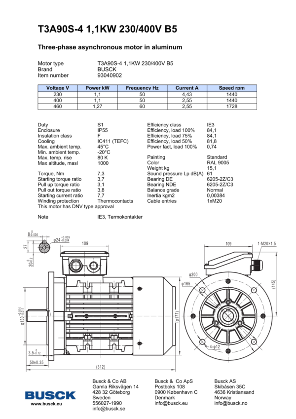 T3A90S-4 1,1KW 230/400V B5