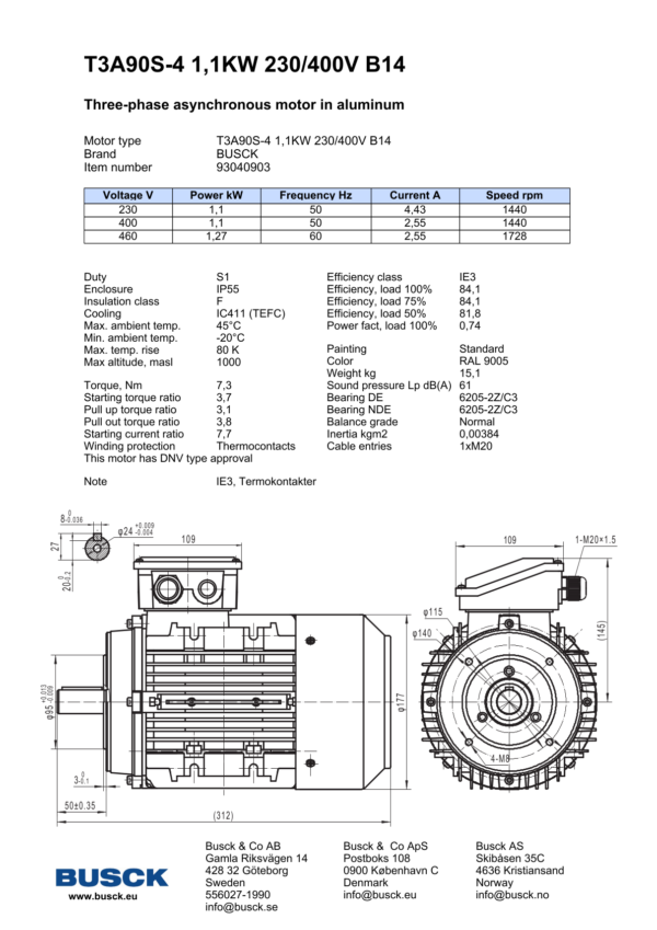 T3A90S-4 1,1KW 230/400V B14