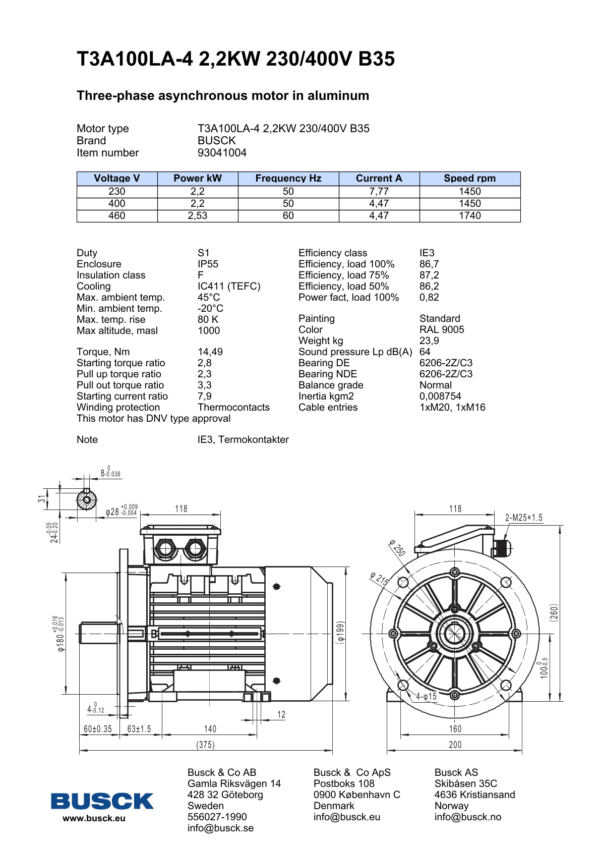 T3A100LA-4 2,2KW 230/400V B35