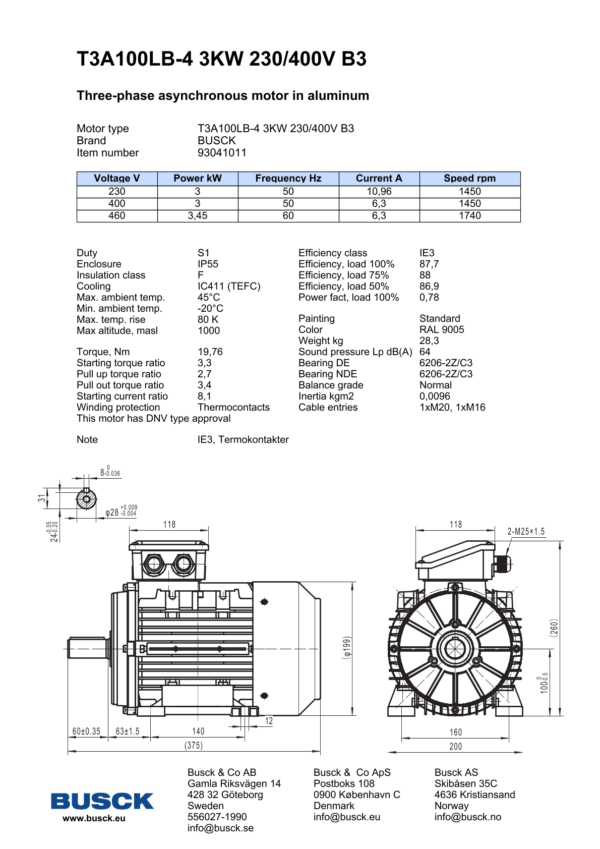 T3A100LB-4 3KW 230/400V B3