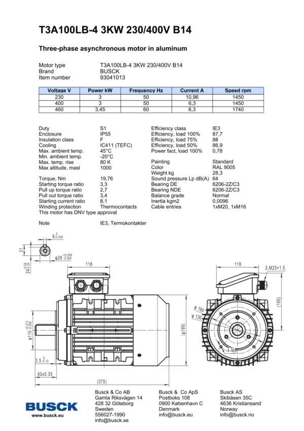 T3A100LB-4 3KW 230/400V B14M