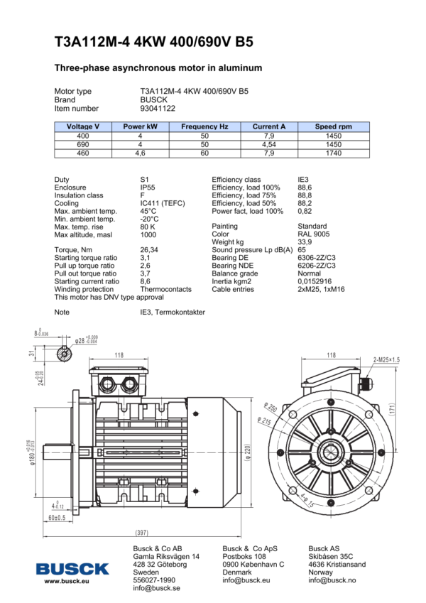 T3A112M-4 4KW 400/690V B5