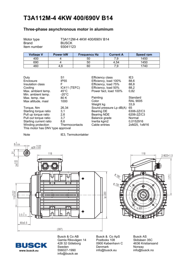 T3A112M-4 4KW 400/690V B14