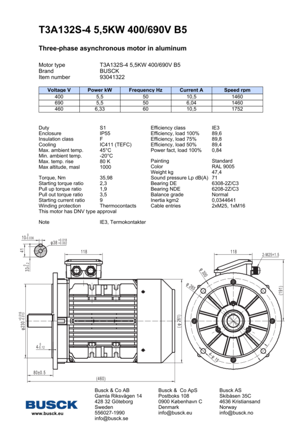 T3A132S-4 5,5KW 400/690V B5
