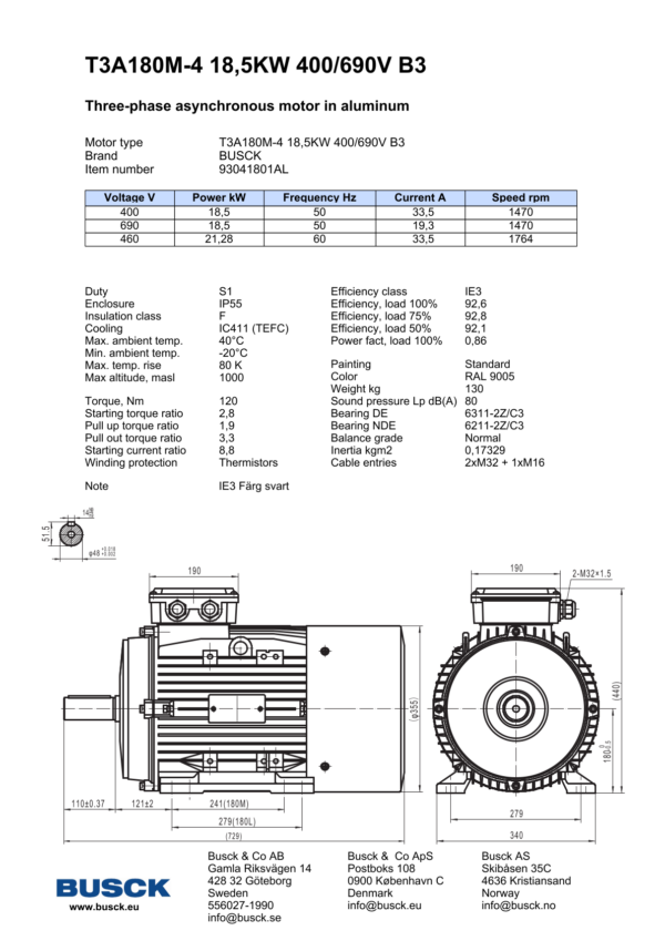 T3A180M-4 18,5KW 400/690V B3
