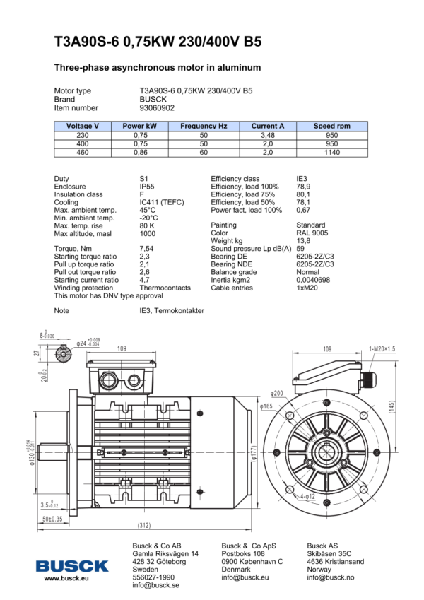 T3A90S-6 0,75KW 230/400V B5