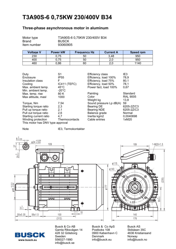 T3A90S-6 0,75KW 230/400V B34