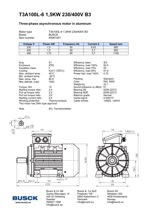 T3A100L-6 1,5KW 230/400V B3