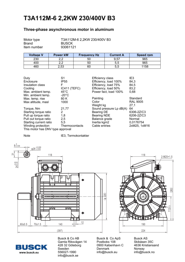 T3A112M-6 2,2KW 230/400V B3
