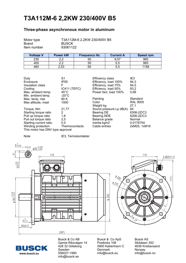 T3A112M-6 2,2KW 230/400V B5
