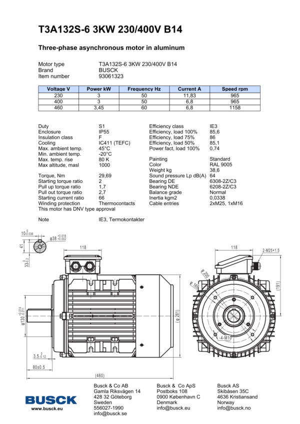 T3A132S-6 3KW 230/400V B14