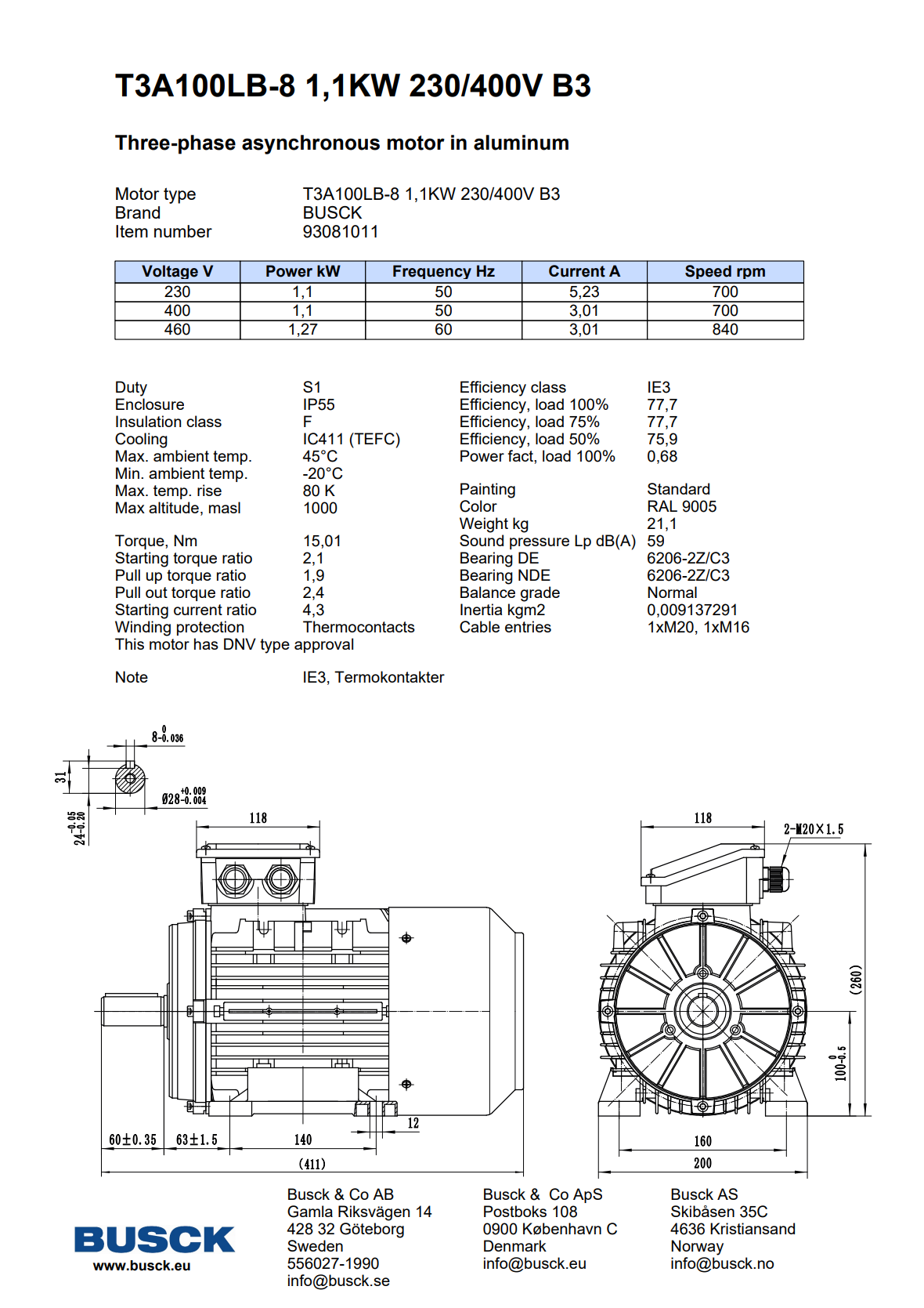 T3A100LB-8 1,1KW 230/400V B3