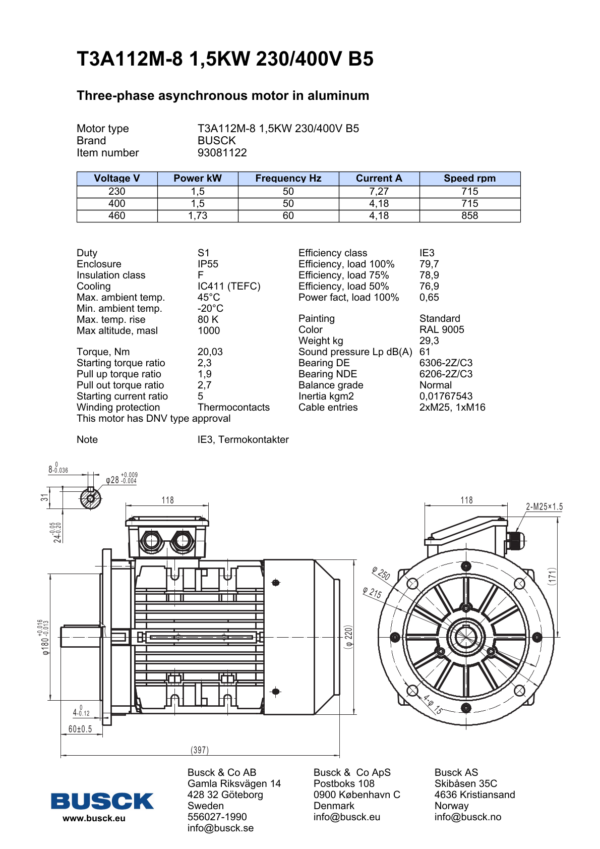 T3A112M-8 1,5KW 230/400V B5